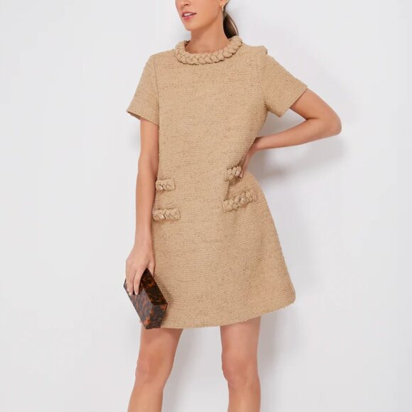 NWT Tuckernuck Croissant Tweed Jackie Dress XL Short Sleeve Tan A Line Shift Mod - Picture 1 of 14